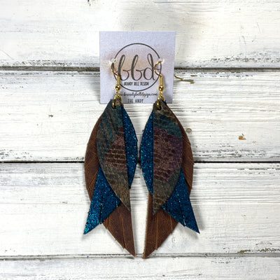 ANDY -  Leather Earrings  ||  <BR> METALLIC TEAL/BROWN PATTERN, <BR> SHIMMER TEAL, <BR> DISTRESSED BROWN