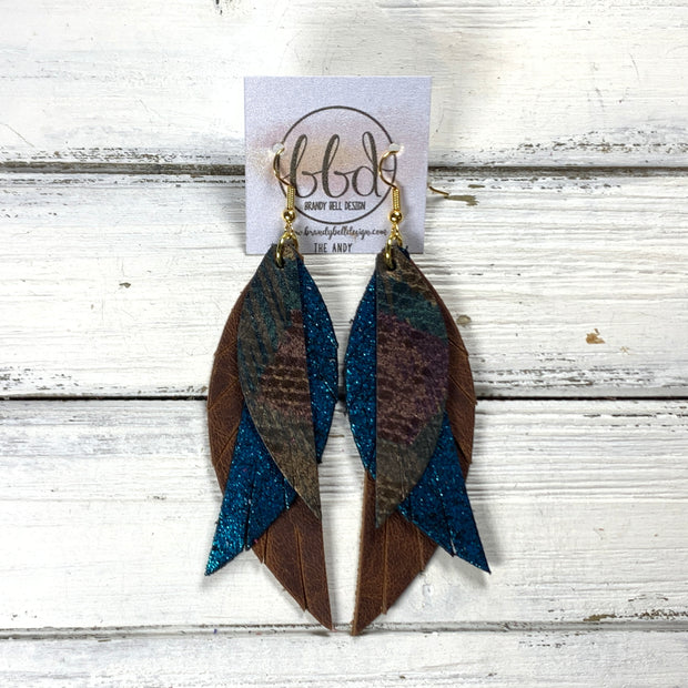 ANDY -  Leather Earrings  ||  <BR> METALLIC TEAL/BROWN PATTERN, <BR> SHIMMER TEAL, <BR> DISTRESSED BROWN