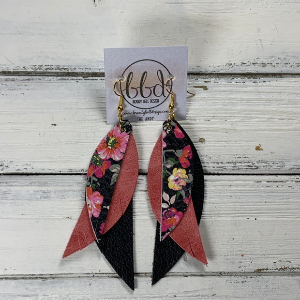 ANDY -  Leather Earrings  ||  <BR> PINK FLORAL ON BLACK, <BR> DISTRESSED SALMON, <BR> MATTE BLACK