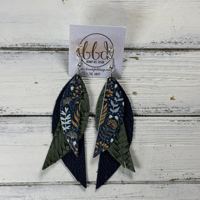 ANDY -  Leather Earrings  ||  <BR> WILD FLOWERS ON BLUE, <BR> OLIVE GREEN BRAID, <BR> MATTE NAVY* BLUE