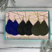 3pk *ORIGINAL* ZOEY GIFT BOX! Leather Earrings <br>COBALT PALMS, BLACK PANAMA, OLIVE