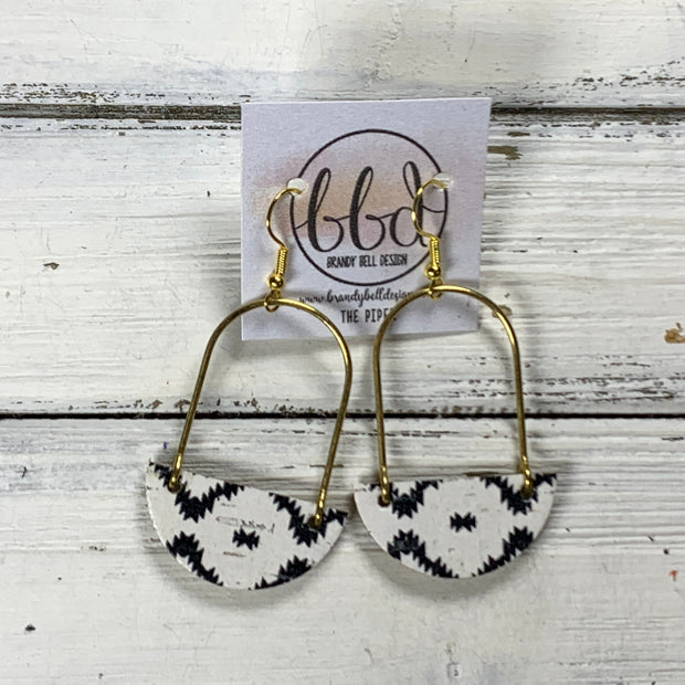 PIPER -  Leather Earrings  ||  <BR> BLACK & WHITE AZTEC PRINT (CORK ON LEATHER)