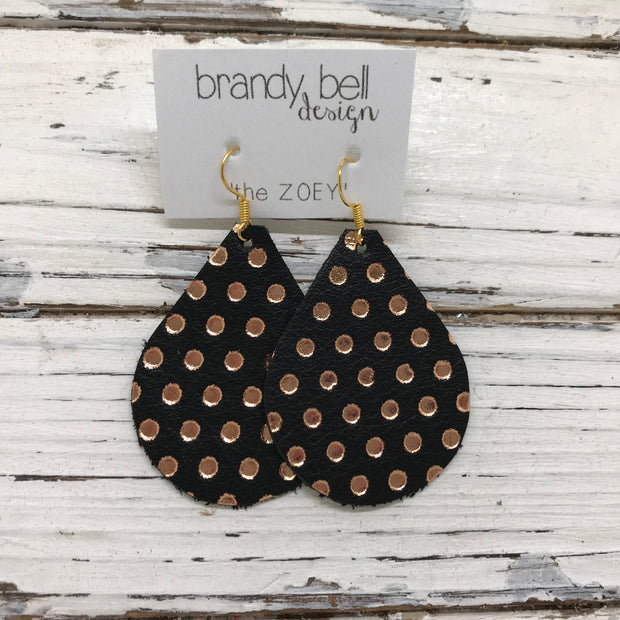 ZOEY (3 sizes available!) -  Leather Earrings  ||  BLACK WITH METALLIC ROSE GOLD POLKADOTS