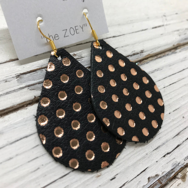 ZOEY (3 sizes available!) -  Leather Earrings  ||  BLACK WITH METALLIC ROSE GOLD POLKADOTS