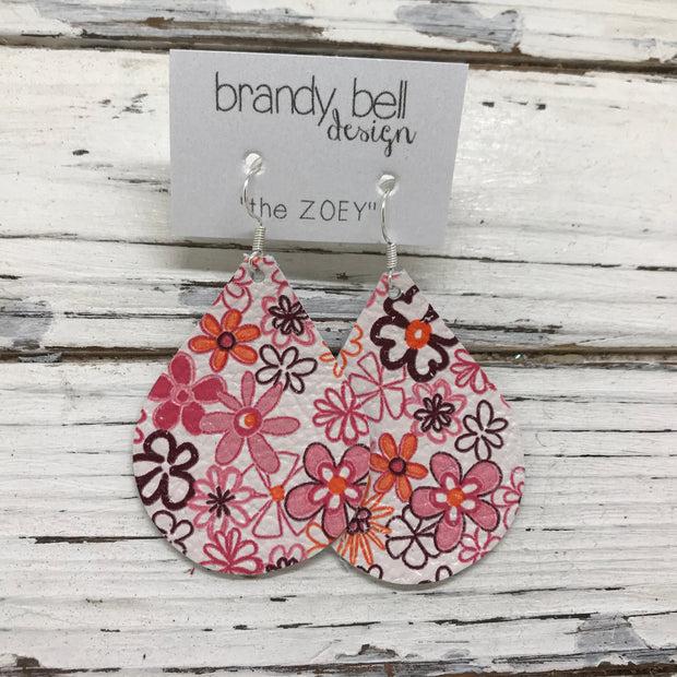 ZOEY (3 sizes available!) -  Leather Earrings  ||  PINK & ORANGE MINI FLORAL