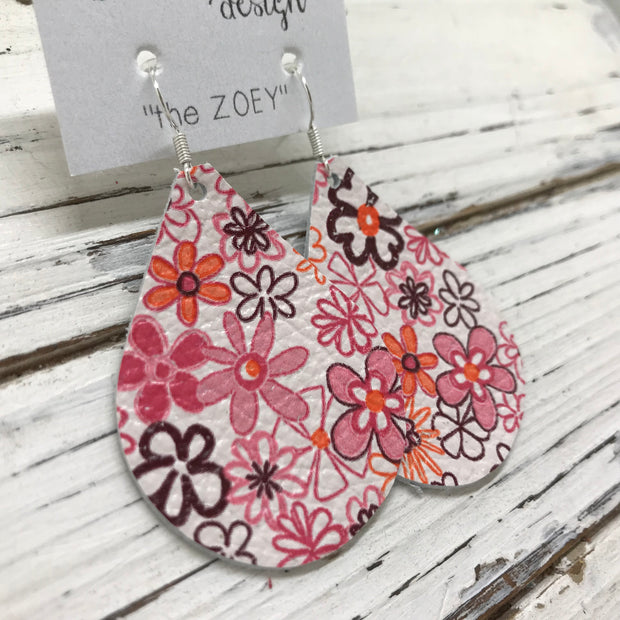 ZOEY (3 sizes available!) -  Leather Earrings  ||  PINK & ORANGE MINI FLORAL