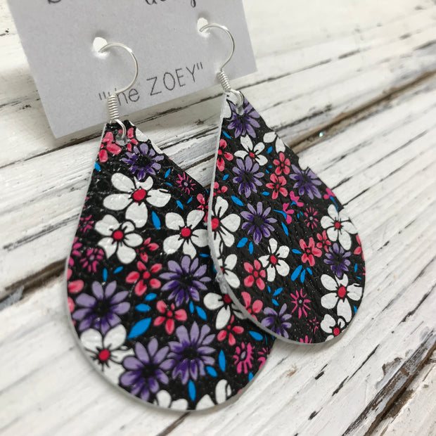 ZOEY (3 sizes available!) -  Leather Earrings  ||  PURPLE & RED MINI FLORAL