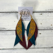 ANDY -  Leather Earrings  ||  <BR> MUSTARD AZTEC, <BR> TEAL BRAID, <BR> DISTRESSED CRANBERRY