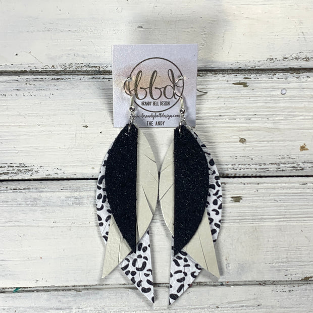 ANDY -  Leather Earrings  ||  <BR> SHIMMER BLACK, <BR> PEARL WHITE, <BR> BLACK & WHITE CHEETAH ANIMAL PRINT