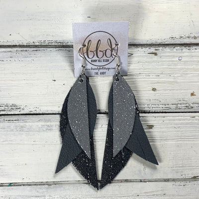 ANDY -  Leather Earrings  ||  <BR> SHIMMER GRAY, <BR> MATTE DARK GRAY, <BR> SHIMMER PEWTER