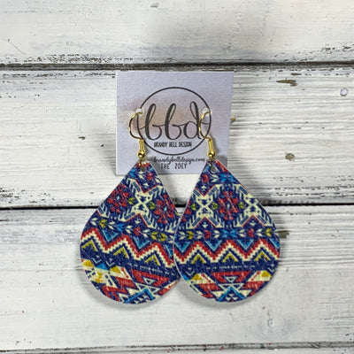 ZOEY (3 sizes available!) -  Leather Earrings  ||  RED & BLUE TRIBAL PRINT