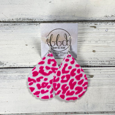 ZOEY (3 sizes available!) -  Leather Earrings  ||  FELTED PINK & WHITE ANIMAL PRINT (RAISED TEXTURE)