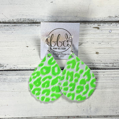 ZOEY (3 sizes available!) -  Leather Earrings  ||  FELTED NEON GREEN & WHITE ANIMAL PRINT (RAISED TEXTURE)