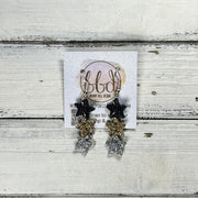 FALLING STARS -  Leather Earrings  ||   <BR> BLACK FINE GLITTER, <BR> GOLD FINE GLITTER, <BR> SILVER FINE GLITTER