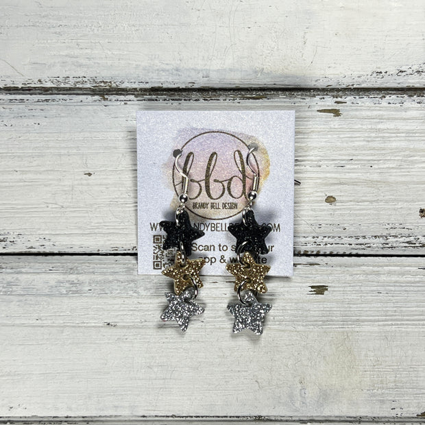 FALLING STARS -  Leather Earrings  ||   <BR> BLACK FINE GLITTER, <BR> GOLD FINE GLITTER, <BR> SILVER FINE GLITTER