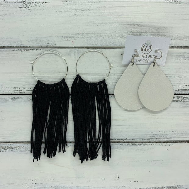 HALEY- Tassel Hoop Earrings <BR> OMBRE GRAY/BLUE TASSEL FRINGE