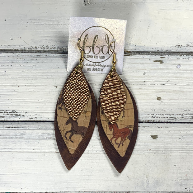 DOROTHY -  Leather Earrings  ||   METALLIC BRONZE SAFFIANO, <BR> HORSES ON CORK (FAUX LEATHER), <BR> DISTRESSED BROWN