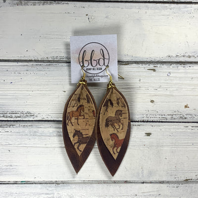 ALLIE -  Leather Earrings  ||   <BR> HORSES ON CORK (FAUX LEATHER), <BR> DISTRESSED BROWN