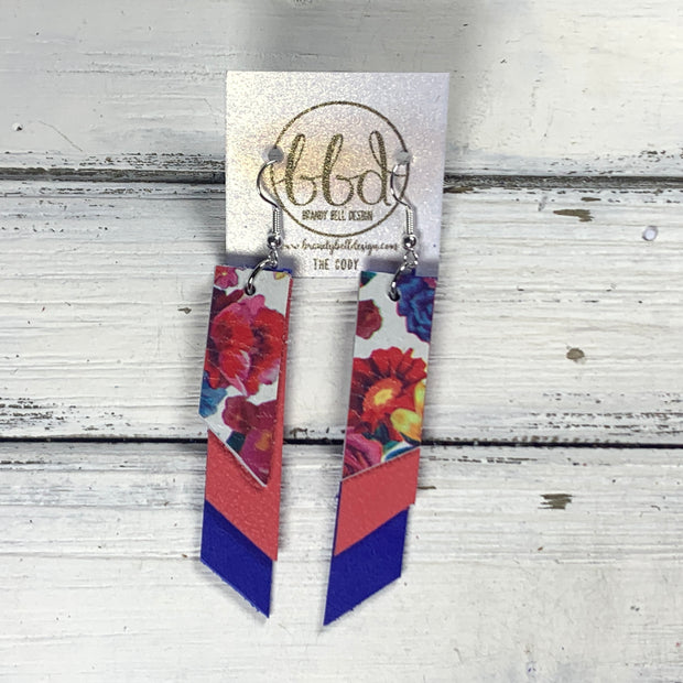 CODY - Leather Earrings  || <BR> TUITTI FRUITI FLORAL, <BR> MATTE CORAL/PINK, <BR> MATTE ELECTRIC COBALT BLUE