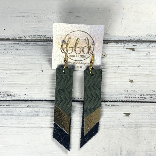 CODY - Leather Earrings  || <BR> OLIVE BRAID, <BR> METALLIC GOLD SMOOTH, <BR> SHIMMER BLACK