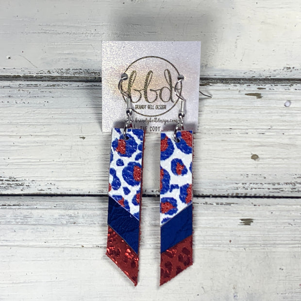 CODY - Leather Earrings  || <BR> AMERICANA ANIMAL PRINT, <BR> METALLIC COBALT BLUE SMOOTH, <BR> METALLIC RED LEOPARD ANIMAL PRINT