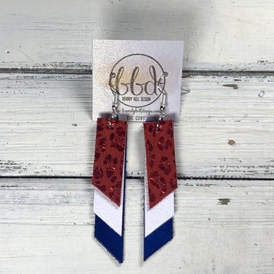 CODY - Leather Earrings  || <BR> METALLIC RED LEOPARD ANIMAL PRINT, <BR> MATTE WHITE, <BR> METALLIC COBALT BLUE SMOOTH