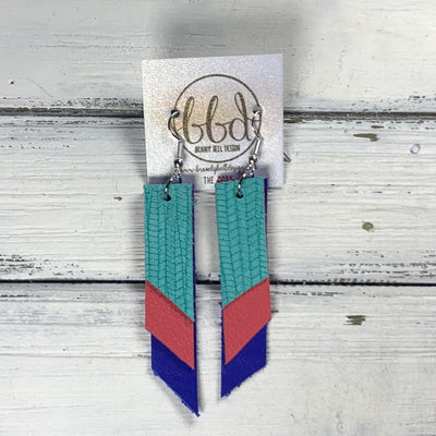 CODY - Leather Earrings  || <BR> AQUA PALMS, <BR> MATTE CORAL/PINK, <BR> MATTE ELECTRIC COBALT BLUE SMOOTH