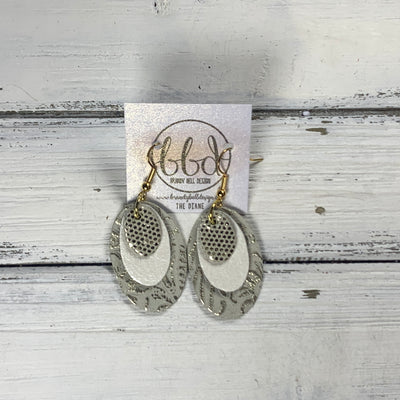 DIANE - Leather Earrings  || <BR> METALLIC GOLD DOTS, <BR> PEARL WHITE, <BR> METALLIC CHAMPAGNE WESTERN FLORAL