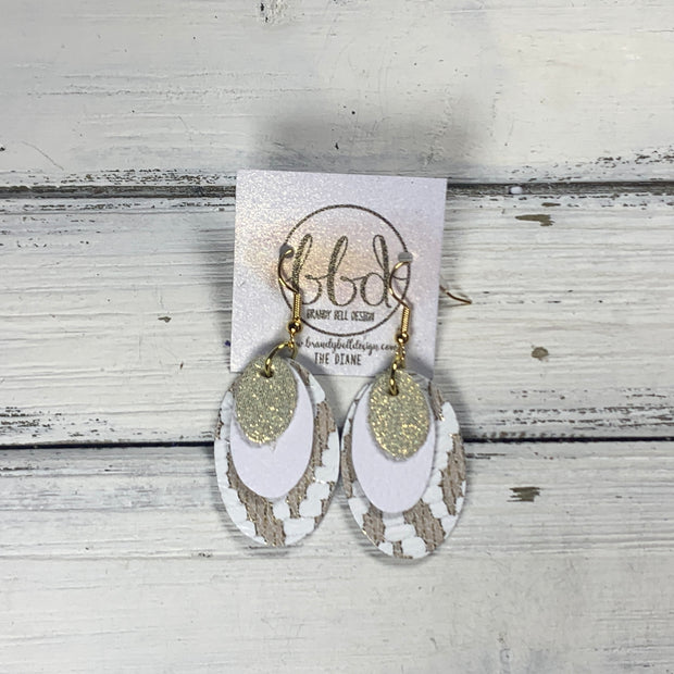 DIANE - Leather Earrings  || <BR> SHIMMER GOLD, <BR> MATTE WHITE, <BR> WHITE & GOLD CHEVRON