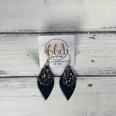 JEAN - Leather Earrings  || <BR> NEW YEARS GLITTER (FAUX LEATHER), <BR> METALLIC BLACK SMOOTH