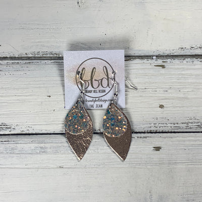 JEAN - Leather Earrings  || <BR> GLAMOUR GLITTER (FAUX LEATHER), <BR> METALLIC ROSE GOLD SMOOTH