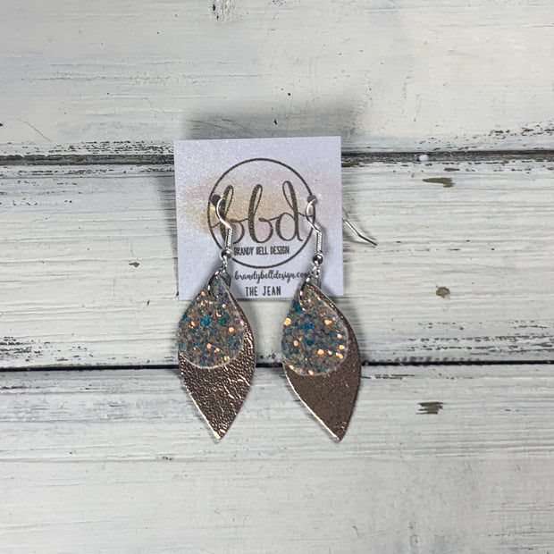 JEAN - Leather Earrings  || <BR> GLAMOUR GLITTER (FAUX LEATHER), <BR> METALLIC ROSE GOLD SMOOTH