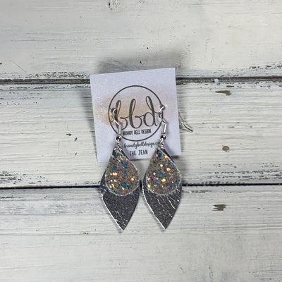 JEAN - Leather Earrings  || <BR> GLAMOUR GLITTER (FAUX LEATHER), <BR> METALLIC SILVER SMOOTH