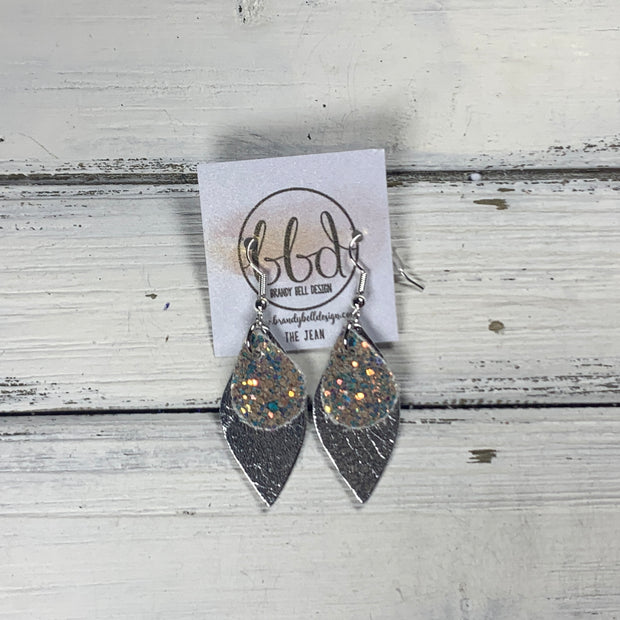 JEAN - Leather Earrings  || <BR> GLAMOUR GLITTER (FAUX LEATHER), <BR> METALLIC SILVER SMOOTH