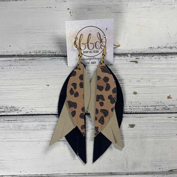 ANDY -  Leather Earrings  ||  <BR>CARAMEL CHEETAH, <BR> PEARLIZED IVORY/TAN, <BR> METALLIC BLACK SMOOTH