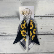 ANDY -  Leather Earrings  ||  <BR> SUNFLOWERS ON BLACK, <BR> SHIMMER BLACK, <BR> BLACK & WHITE BUFFALO PLAID