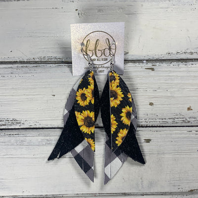 ANDY -  Leather Earrings  ||  <BR> SUNFLOWERS ON BLACK, <BR> SHIMMER BLACK, <BR> BLACK & WHITE BUFFALO PLAID