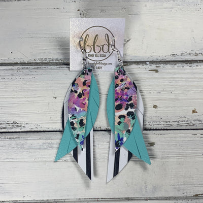 ANDY -  Leather Earrings  ||  <BR> PURPLE FLORAL CHEETAH, <BR> ROBINS EGG BLUE, <BR> BLACK & WHITE STRIPE