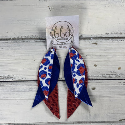 ANDY -  Leather Earrings  ||  <BR> AMERICANA ANIMAL PRINT, <BR> METALLIC COBALT BLUE SMOOTH, <BR> METALLIC RED LEOPARD ANIMAL PRINT