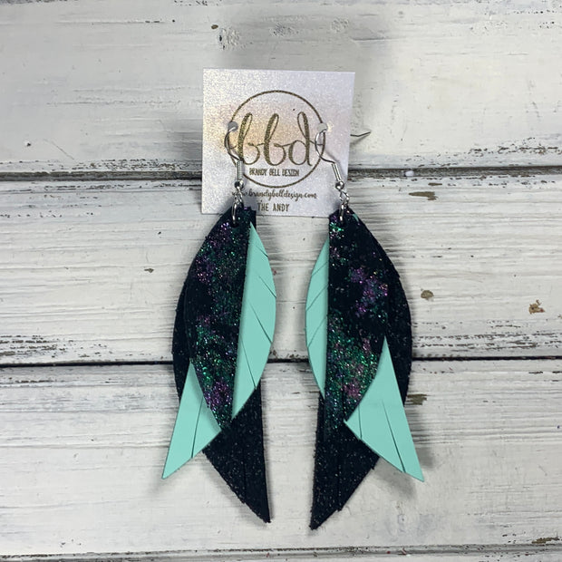 ANDY -  Leather Earrings  ||  <BR> IRIDESCENT NORTHERN LIGHTS, <BR> MATTE AQUA MINT SMOOTH, <BR> SHIMMER BLACK