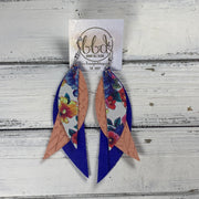 ANDY -  Leather Earrings  ||  <BR> TUTTI FRUITI FLORAL, <BR> CORAL PANAMA WEAVE, <BR> MATTE ELECTRIC COBALT BLUE