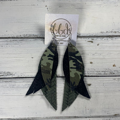 ANDY - Leather Earrings  || <BR> FERN GREEN CAMOUFLAGE, <BR> SHIMMER BLACK, <BR> OLIVE BRAID