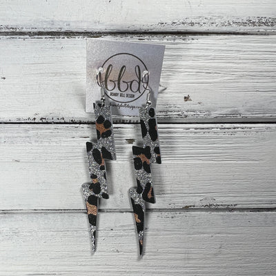 LIGHTNING BOLT (3.5”) <br> LIMITED EDITION ||  Leather Earrings || <BR> *GLITTER ON CORK* FINE SILVER LEOPARD GLITTER