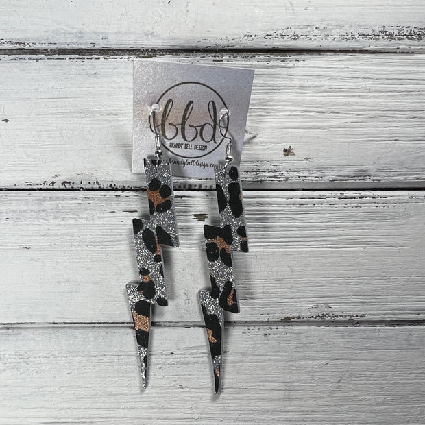 LIGHTNING BOLT (3.5”) <br> LIMITED EDITION ||  Leather Earrings || <BR> *GLITTER ON CORK* FINE SILVER LEOPARD GLITTER