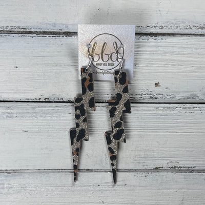 LIGHTNING BOLT (3.5”) <br> LIMITED EDITION ||  Leather Earrings || <BR> *GLITTER ON CORK* FINE GOLD LEOPARD GLITTER
