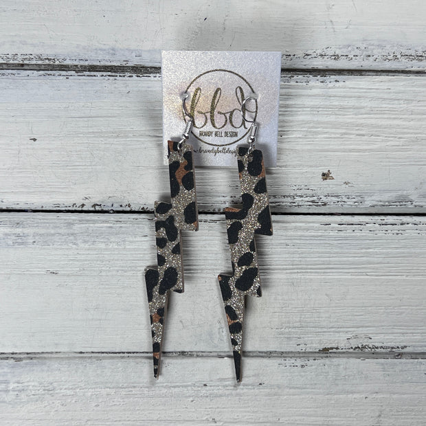 LIGHTNING BOLT (3.5”) <br> LIMITED EDITION ||  Leather Earrings || <BR> *GLITTER ON CORK* FINE GOLD LEOPARD GLITTER