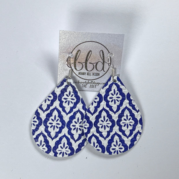 ZOEY (3 sizes available!) -  Leather Earrings  ||  COBALT BLUE & WHITE TURKISH TILES