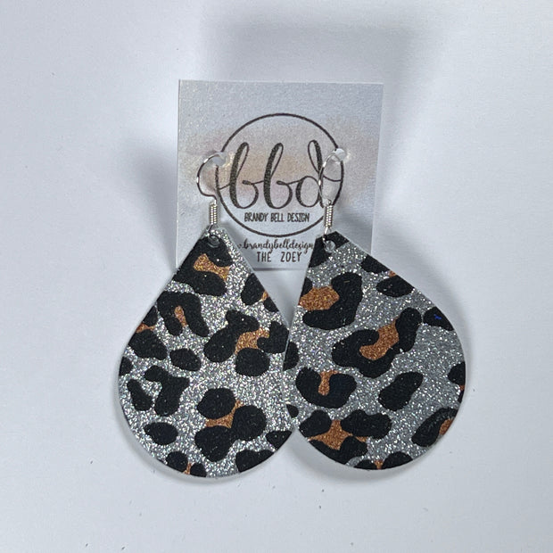 ZOEY (3 sizes available!) -  Leather Earrings  ||  SILVER GLITTER LEOPARD
