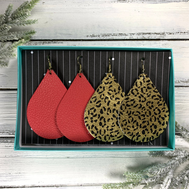 2pk *XL* ZOEY GIFT BOX! Leather Earrings <br> MATTE CORAL/PINK, <br> GOLD AND BLACK CHEETAH PRINT