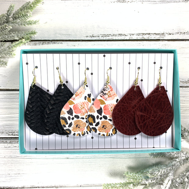 3pk  *ORIGINAL* ZOEY GIFT BOX! Leather Earrings <br> BLACK BRAID, <br> CORAL FLORAL CHEETAH, <BR> DISTRESSED BURGUNDY